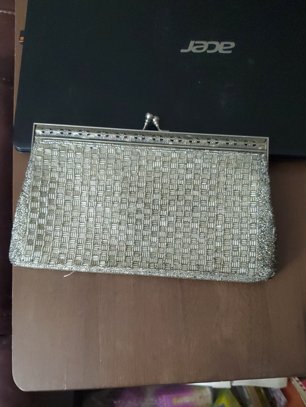 Vintage Metallic Silver Beaded Evening Clutch